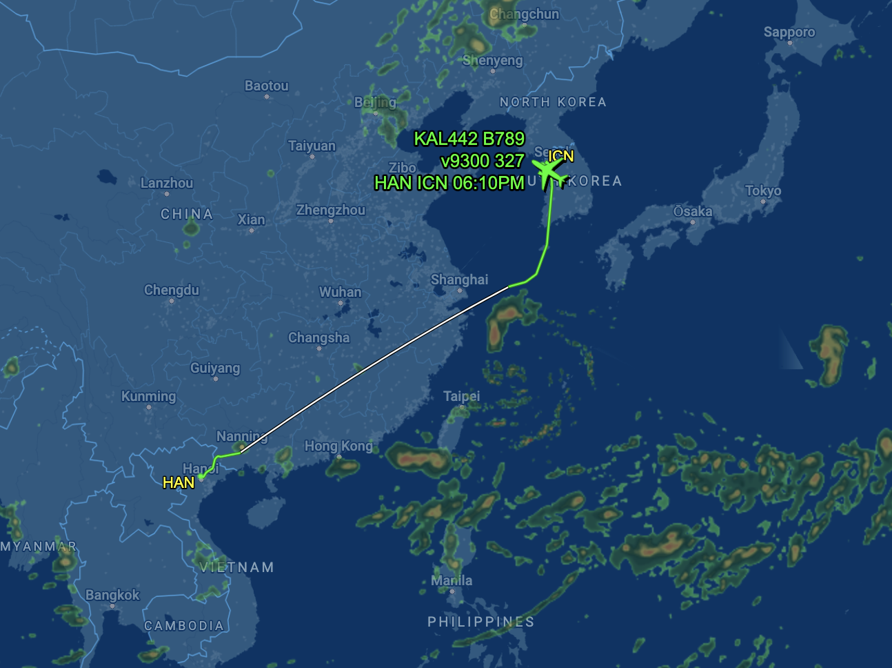 Đường bay của KE442 từ Hà Nội đi Seoul Hàn Quốc